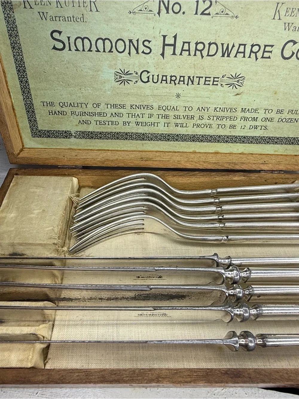 Vintage E.C. Simmons Keen Kutter No. 12 Pc Fork Knife Silverware Set w/ Wood Box
